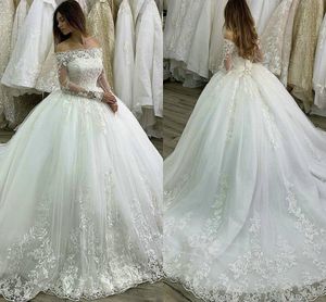 Arabische lange mouwen baljurk Trouwjurken Fabulous Lace Applicaties Formele Aficaanse Bruidsjurken Puffy Tulle Rok Lange Vestidos Al3312