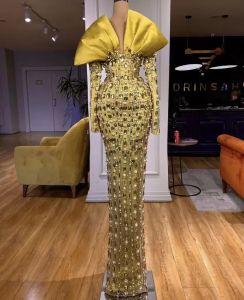 Arabische luxe kristallen kralen zeemeermin prom jurken sexy v nek plus size sweep trein lange mouwen formele avondfeestjurken