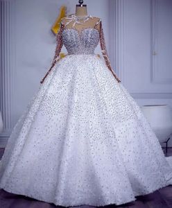 Arabic Luxurious White Wedding Wedding Vestido 2204 Pearas de cuello O CRISTAL COACIÓN MANEGAS LAS LARGOS LARGO DE PISO GOWNS VESTIDO DE NOIVA