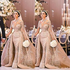 Arabe De Luxe Baguettes Sirène Robes De Mariée 2020 Col Haut À Manches Longues illusion Train Détachable Abendkleider Robes De Mariée219F