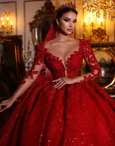 Arabische luxe rode kanten trouwjurk lange mouwen sprankelende pailletten vrouwen huwelijk Dubai Bridal Jurk 2023 Vestido de novia Custom Made Made