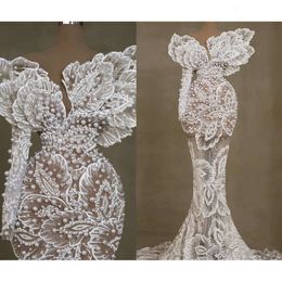 Arabische zeemeermin 2024 Aso ebi kanten trouwjurk parels lange mouwen kijken door luxe bruidsjurken jurken zj0445 es