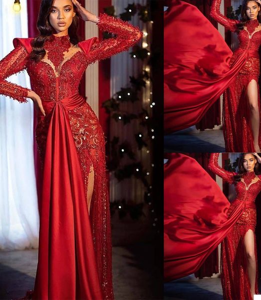 Arabe Sirène Robes De Soirée De Luxe Paillettes Perles Col Haut Manches Longues Robe De Bal Designer Formelle Robes De Soirée Sur Mesure Robe De Mari￩e