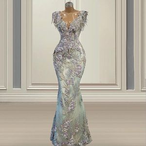 Robes de bal sirène arabe de luxe col en V dentelle appliquée cristal femmes formelle grande taille robes de soirée