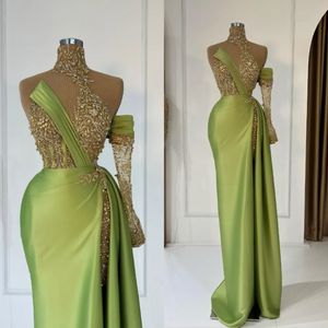 Arabe Sirène Split Robes De Bal Vert Menthe Perlé Paillettes Col Haut Soirée Formelle Partie Deuxième Réception Robes