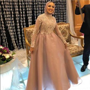 Arabische Moslim Kant Applicaties Avondjurken Hoge Hals Lange Mouwen Prom Dresses A Line Formele Partyjurken