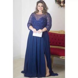 Arabe bleu marine Sexy de robes de mariée perlée col transparent en mousseline de soie mère marié pas cher robes de soirée formelles