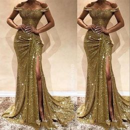 Arabisch Nieuwe Sexy Gouden Pailletten Kant Prom Dresses Off Shoulder Side Split Mermaid Long Party Lovertjes Vloerlengte Plus Size Avondjurken Slijtage