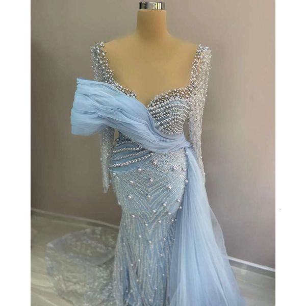 Arabe nov aso light ebi ciel bleu sirène les robes de mariée paillettes en dentelle de la soirée bal anniversaire formel célèbre célèbre mère de robes de marié habille ZJ040