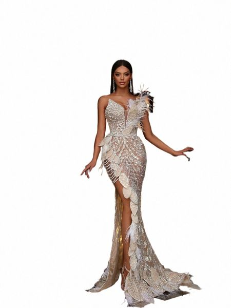 Arabe Nude Sirène 3D Feuille Conception Soirée Dres Sexy Manches Perles Cristal Paillettes Plumes Gala Robes De Soirée avec Fente Q7Om #