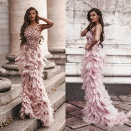 Arabic Pink 3d Floral Mermaid Feathers Prom Vestes 2K20 Long African Evening Gowns Semi Formal Gala Dress Graduation Party 2568