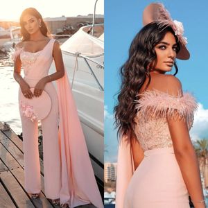 Arabisch roze één schouder prom dresses met wrap lightined women jumpsuit avondjurken plus size