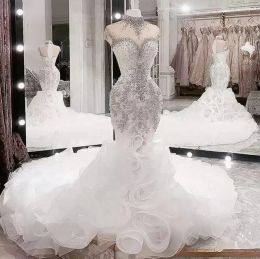 Arabisch Plus Size Aso Ebi Luxe Kralen Kristallen Zeemeermin Trouwjurken Pure Hoge Hals Organza Ruches Bruidsjurk