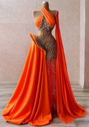 Arabe Plus Taille Aso Ebi Orange Luxueux Sparkly Robes De Bal Perles Cristaux Soirée Formelle Partie Deuxième Réception Anniversaire Robes De Fiançailles Robe