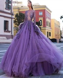 Arabe violet robe de bal plume robes de soirée manches longues femmes robe de bal Tulle gonflé doux 16 robes de fête d'anniversaire 5471173