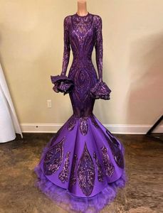 Arabe violet à manches longues sirène robes de bal paillettes perles appliqué dubaï célébrité robes de soirée Robe de soirée 9765559