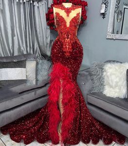 Arabisch Red Ebi Aso Mermaid Prom Dresses kristallen Feather Evening Formeel feest tweede receptie verjaardag verlovingsjurken jurk Robe de soiree