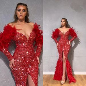 Arabe rouge luxueux brillant Sexy robes de soirée plume sirène robes de bal haute fente formelle fête deuxième réception robe