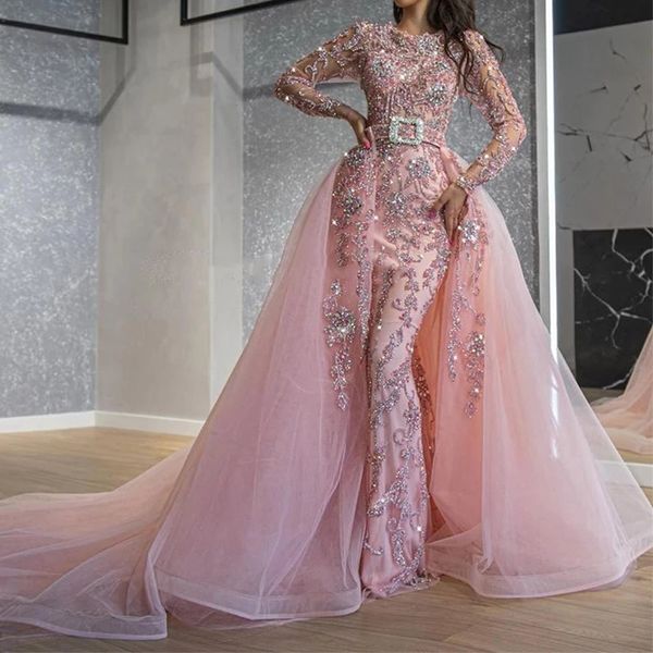 2022 rose sirène robes formelles manches longues robe de soirée scintillant perles sirène robes de bal avec train détachable
