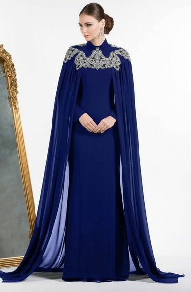 Árabe Royal Blue Dubai Vestidos de noche con capa con cuentas Cuello alto Equipado Sirena Vestido largo de fiesta Manga larga Kaftan Marruecos Vestido de mamá 2018