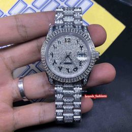 Iced Diamond Watch voor heren op Arabische schaal Silver Diamond Face Watch Roestvrij stalen diamanten bandpolshorloge Automatisch mechanisch2094