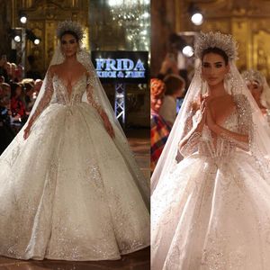 Arabische sexy kralen trouwjurken baljurk volle mouw lovertjes lacebridal jurk vloer lenth op maat gemaakte jurken s s