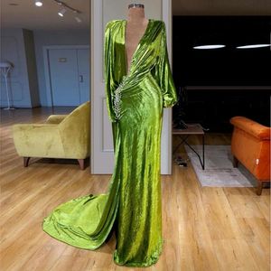 Arabische sexy groene reflecterende zeemeermin prom jurken diepe v-hals dichter lange mouwen avondjurk kant geappliceerd formele feestjurk ogstuff