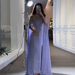 El árabe Sharon dijo el vestido de noche de la sirena lila con mangas de la capa 2024 Dubai Gowns formal de mujeres con cuentas