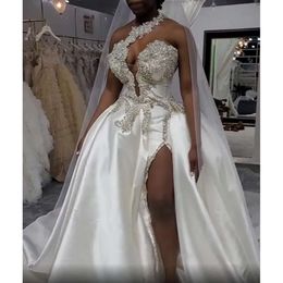 Taille arabe ASO plus 2021 Crystals EBI High Split Wedding One épaule Sexy Satin Bridal Robes ZJ205