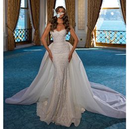 Robes de mariée sirène sans bretelles arabes appliques de dentelle robes de mariée formelles avec robe de mariée de train détachable sur mesure 328 328