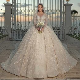 Arabische verbluffende lovertjes Trouwjurken Lange mouwen Bruidsjurken Plus Size V-hals Illusion Vestido de Novia