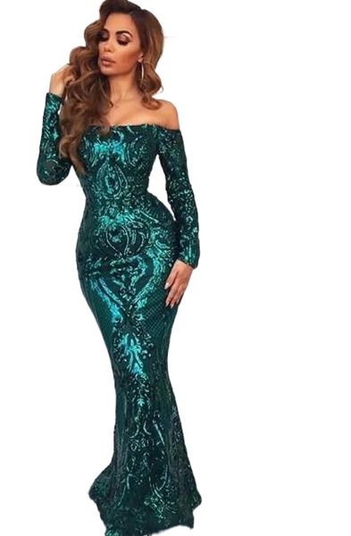 Style arabe vert émeraude paillettes dentelle sirène robes de bal Sexy hors épaules élégantes longues robes de soirée Pageant porte