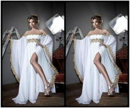 Arabische stijl lange mouwen gouden kant en witte appliques chiffon abaya kaftan avond prom -jurken met hoge split spleet feestjurk6545873