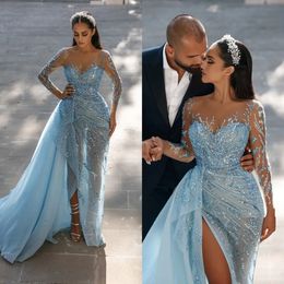 Style arabe Meramid Prom Party Robes 2023 Bleu Ciel Dentelle Sexy Col En V Manches Longues Fente Latérale Robes De Soirée Robes De Festa