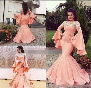 Robes de bal de sirène de style arabe 2019-2020 trompette manches longues en dentelle appliques robes de soirée fermeture éclair dos longueur robe de soirée de Dubaï