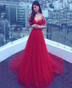 Arabische stijl Parels Rood prom jurken Lange lieverd TULLE Long Train Beading Formele feestkleding Pieantant Jurken plus size6834800