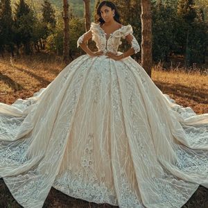 Arabische Vintage Baljurk Trouwjurken Pailletten Kant Geappliceerd Kapel Trein Bruidsjurken voor Huwelijksceremonie Plus Size Vestido de Novia