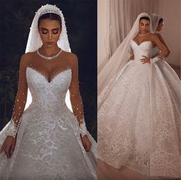 Robes de mariée Vintage arabes cristaux pure manches longues dentelle perlée robe de bal vestido de novia robe de mariée
