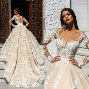 Arabische vintage trouwjurken ronde hals kant lange mouwen bruids bruidsjurken 2020 plus size 3D bloemen gewaden de Mariée