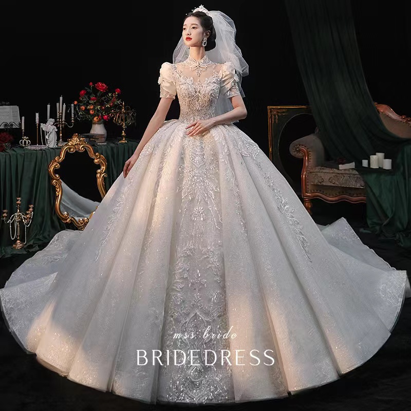 Arabic wed dress for bride ball gown Wedding Dresses Sheer Jewel Neck Long train Lace Appliques 3D Flowers crysral Beaded Plus Size Court Train Tulle Bridal Wed Gowns