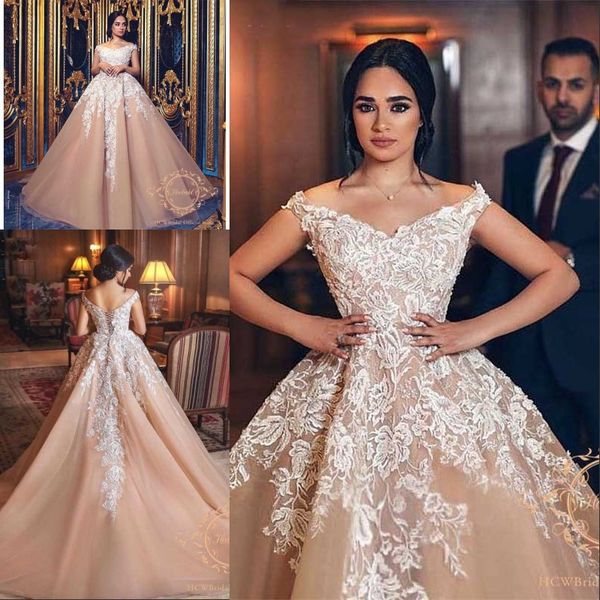 Robes De Mariée Arabe Champagne Couleur Une Ligne Corset Dos Blanc Dentelle Robes De Mariée Personnaliser Robe De Noiva Robe De Mariee