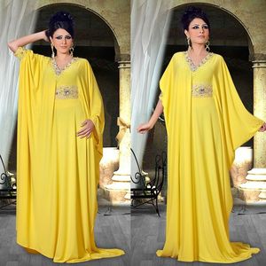 Arabski Dubai Abaya Kaftan Avondjurk V-hals Geel Beaded Formal Prom Gowns Modest Chiffon Midden-Oosten Speciale Gelegenheid Jurk Prom Draag