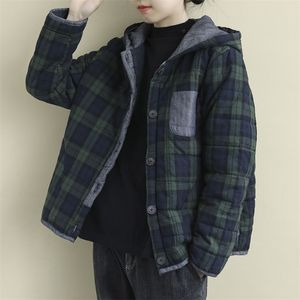 Aransue Grande Taille Femme Veste À Capuche Littérature Et Art Coton Rembourré Haut Plaid Manteau Décontracté, A565 201217