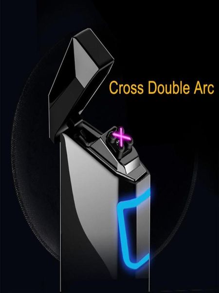 Briquet à Arc électrique Double croix, Rechargeable par USB, coupe-vent, sans flamme, pour feu, bougie de cigarette, extérieur93121275863587