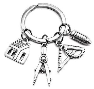 Architect man sleutelhanger vrouwen sleutelhanger paren sleutelhanger ring sieraden legering zilveren kleur huis kompassen pen porte sleutel