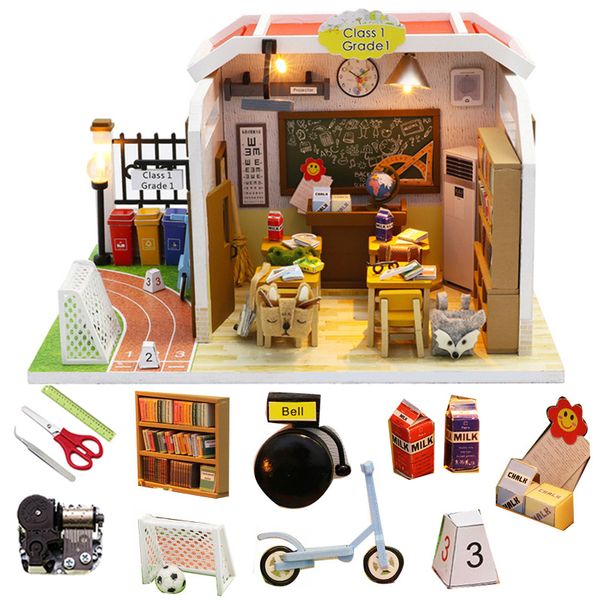 Architecture DIY House 1/24 Kit de maison de poupée miniature pour salle de classe Assembler Roombox Modèle en bois Bâtiment Poupée Meubles Cadeau de Noël Jouets pour garçons 220829