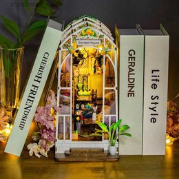 Architectuur/DIY Huis DIY Tuinhuis Boek Hoekje Plank Inzet Miniatuur Bouwpakketten Houten Bloementuin Kamer Boekenplank met LED-verlichting Poppenhuis