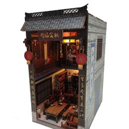 Architecture DIY House DIY Livre en bois Nook Étagère Insert Kit Tongfu Inn Serre-livres avec lumière LED Kits de construction miniatures Étagère Décoration Cadeaux 230731