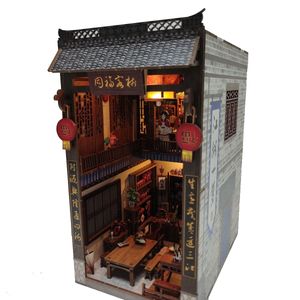 Architectuur DIY Huis DIY Houten Boek Hoekje Plank Insert Kit Tongfu Inn Boekensteunen met LED Licht Miniatuur Bouwpakketten Boekenplank Decoratie Geschenken 230802