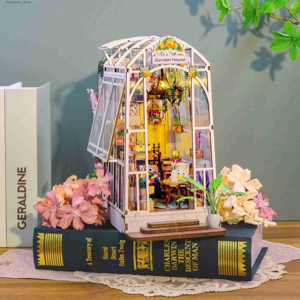 Arquitectura/Casa de Bricolaje Bricolaje Libro de Madera Rincón Estante Insertar Kits de construcción en Miniatura Estantería para jardín de Flores con Luces LED Sujetalibros Regalos para Amigos